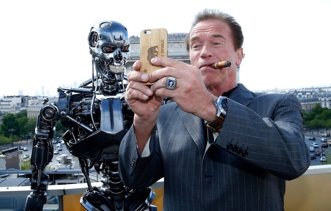 Arnold smoking a cigar on set for the Terminator film